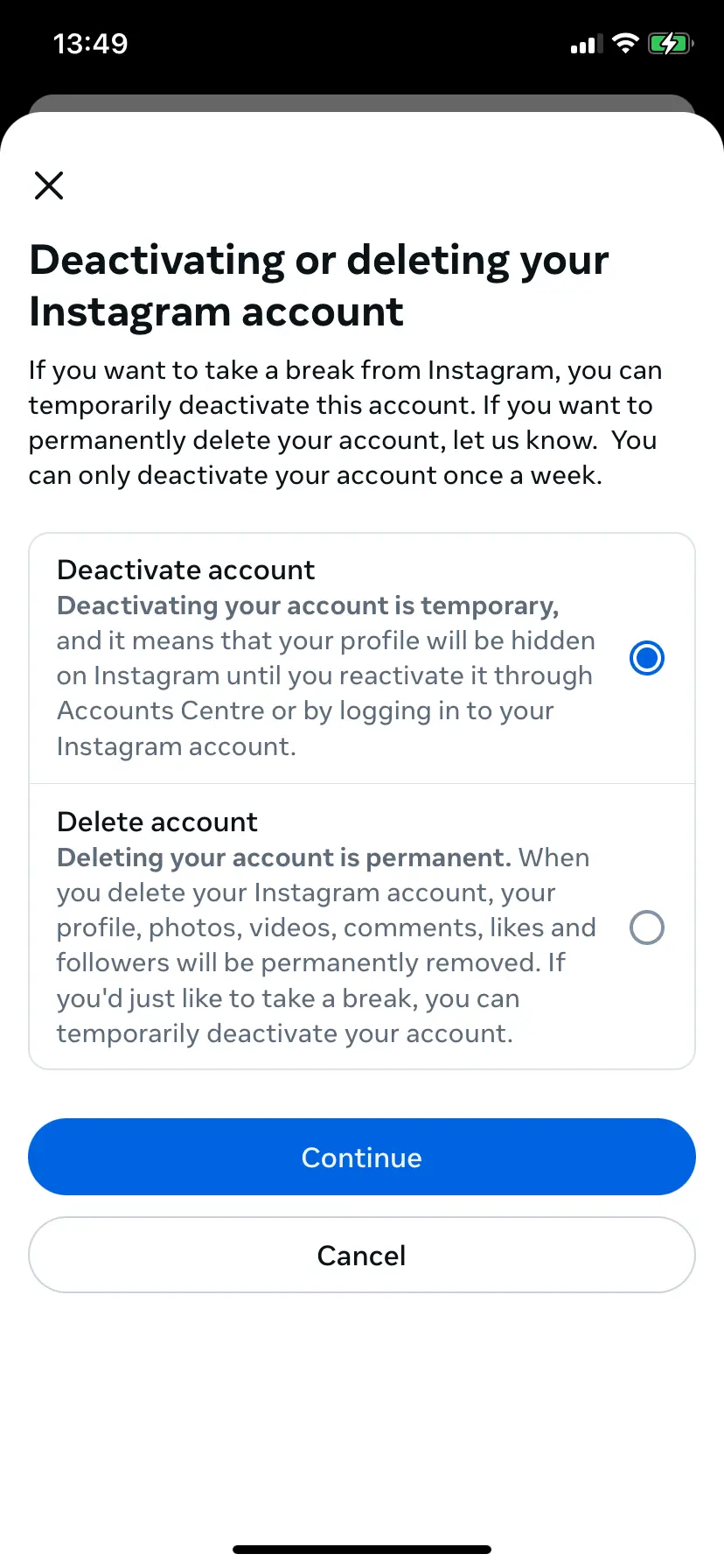Image: Choose “Deactivate account” or “Delete account”