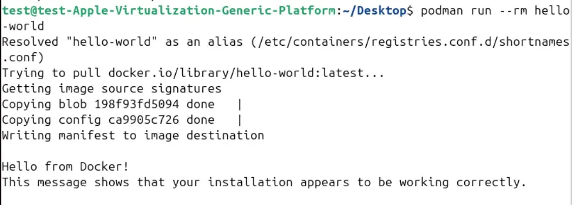 Image: Screenshot of the hello-world container