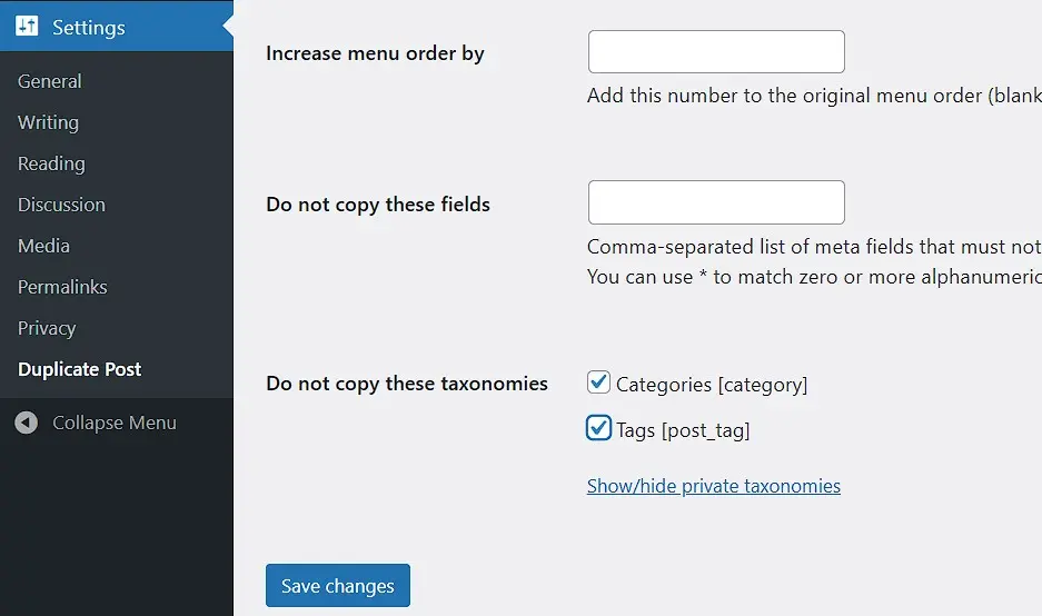 Image: Settings of Yoast Duplicate Post