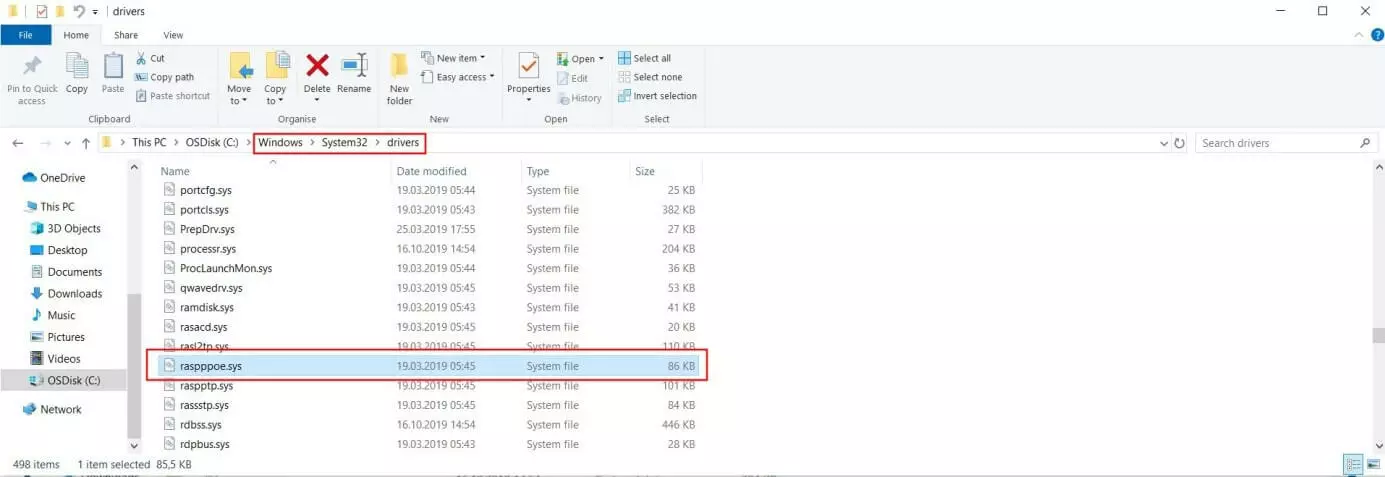 Image: Windows 10 Explorer: Directory for the file raspppoe.sys