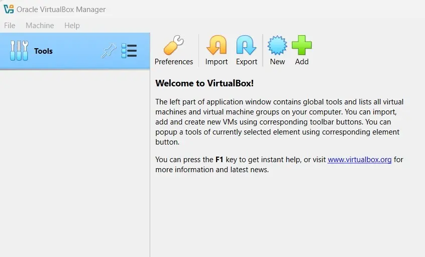 Oracle VirtualBox Manager start screen Image: Oracle VirtualBox Manager start screen