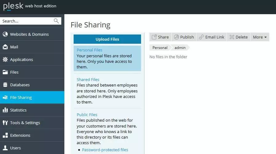 Image: File sharing menu in Plesk