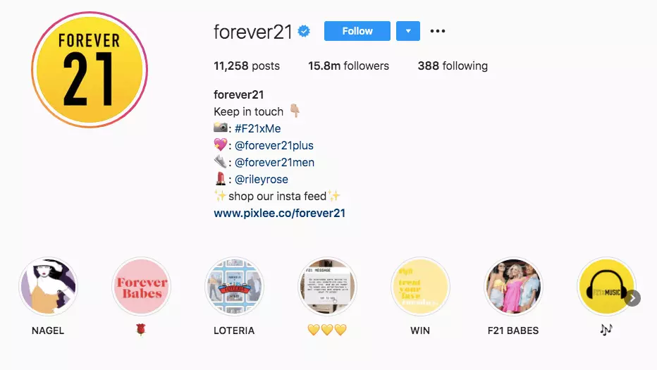 Image: Community hashtag in Forever21’s Instagram bio