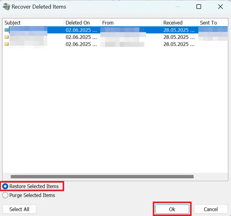 Outlook: List of deleted items Image: Outlook: List of deleted items
