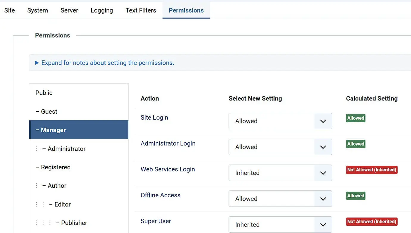 Joomla: Permission settings for user groups Image: Joomla: Permission settings for user groups