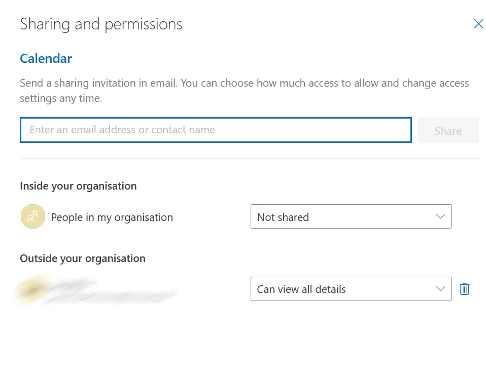Image: Outlook on the web: Settings for sharing a calendar