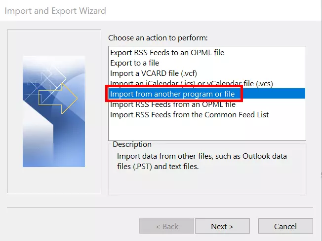 Outlook Import and Export Wizard with options for importing and exporting files Outlook Import and Export Wizard with options for importing and exporting files