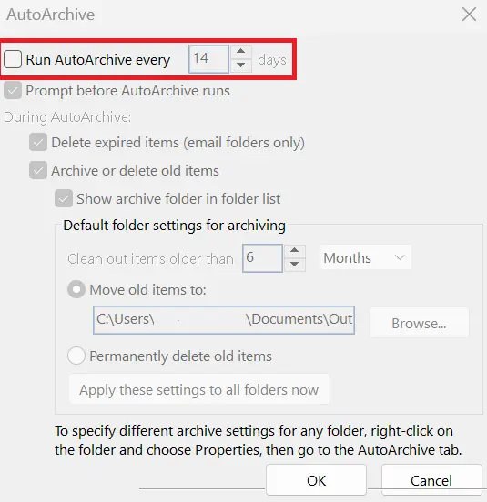 Microsoft Outlook: “AutoArchive” window Image: Microsoft Outlook: “AutoArchive” window