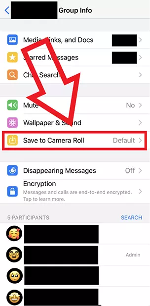 Image: iPhone screenshot highlighting “Save to Camera Roll” option in Group Info