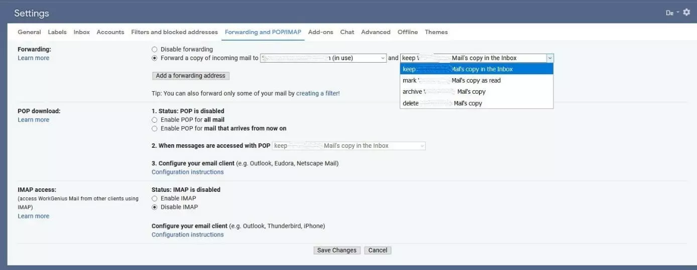 Image: Gmail forwarding options