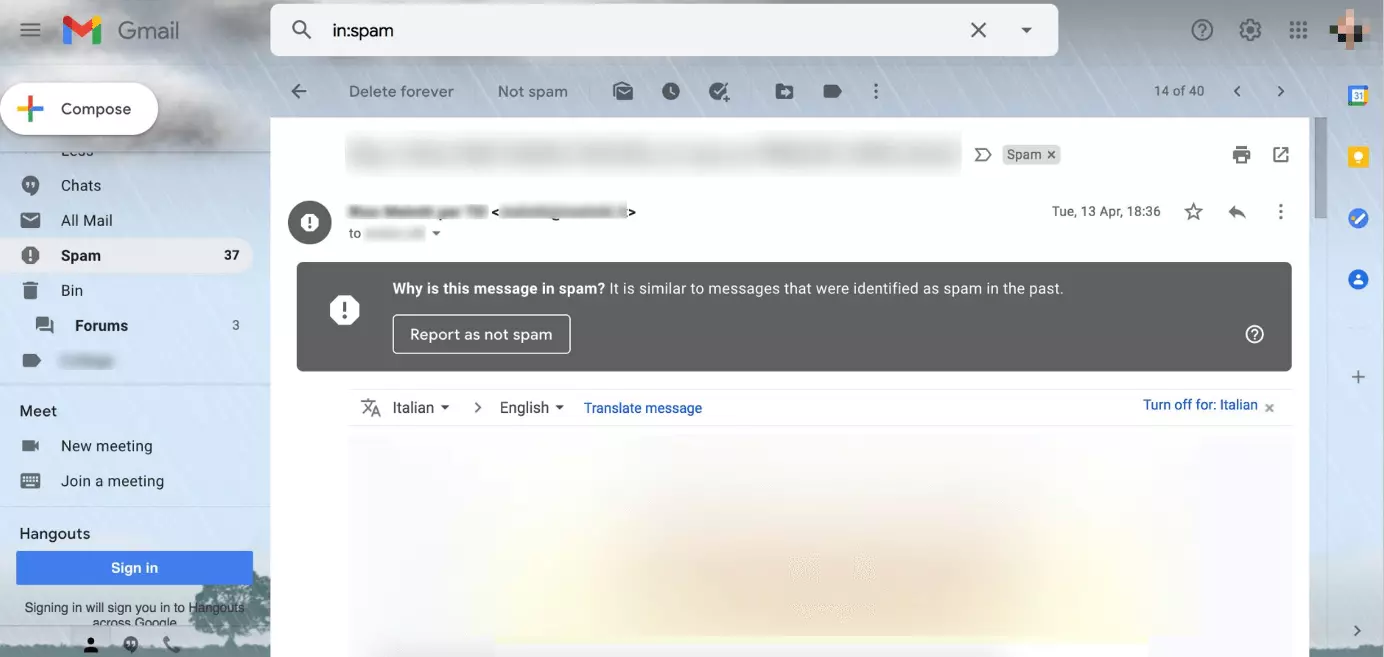 Image: Gmail: information field when mail is blocked