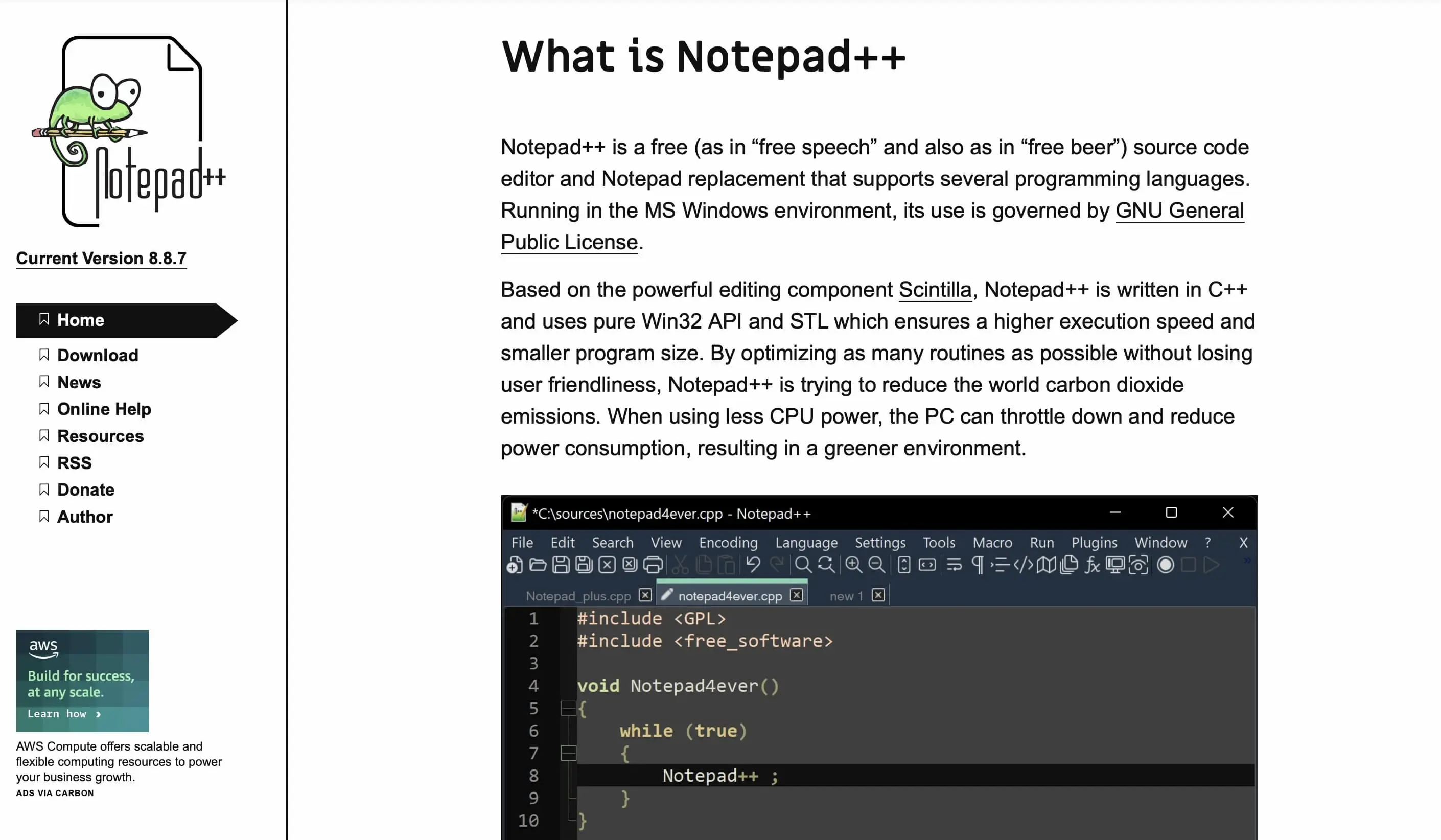 Screenshot of the Notepad++ website Image: Screenshot of the Notepad++ website