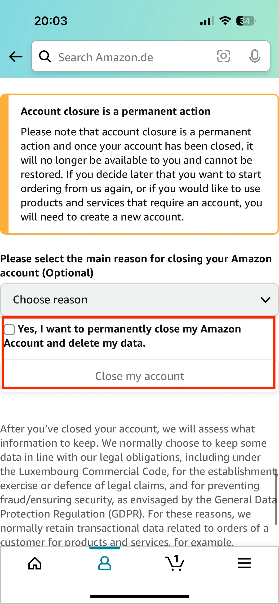 Image: Check the box and click on “Close my account.”