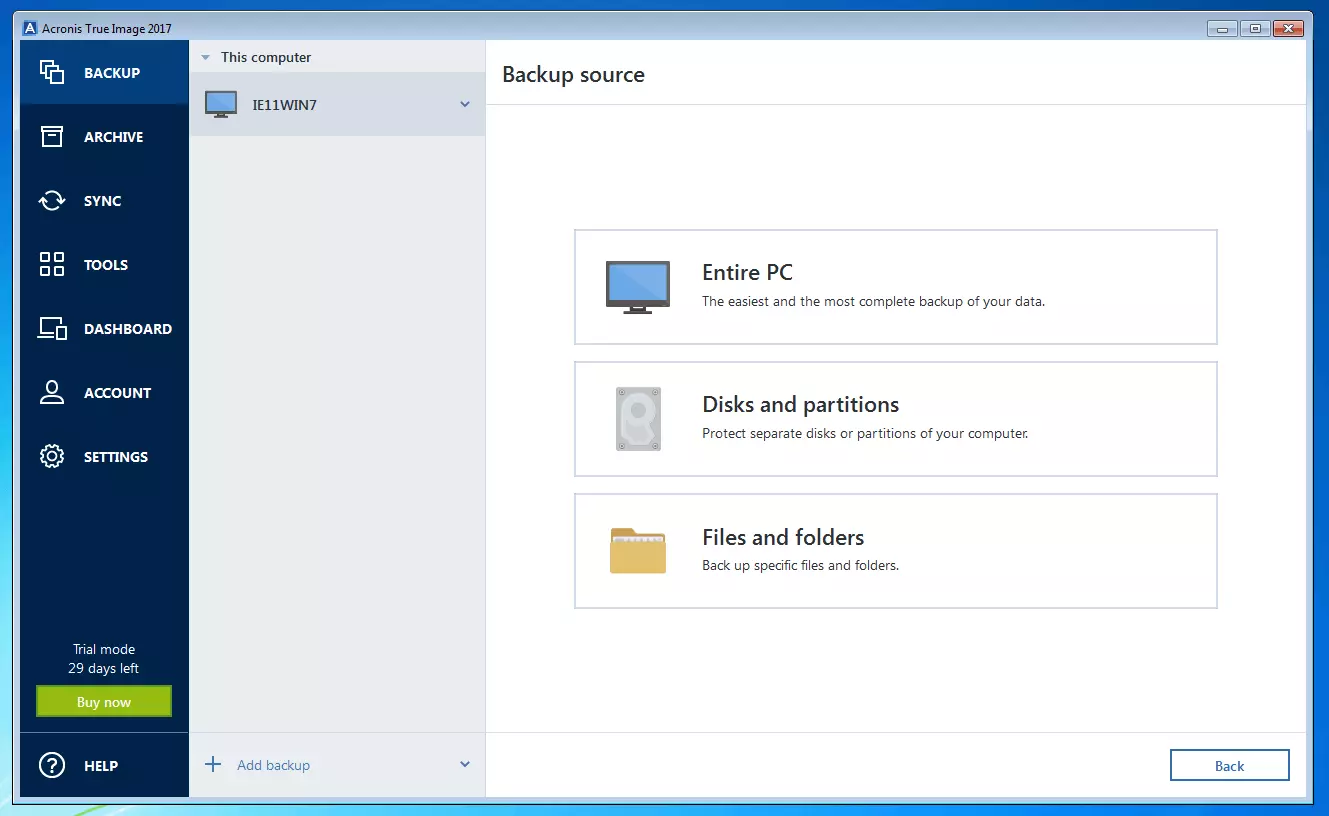 Image: Acronis True Image 2017: Backup source selection menu