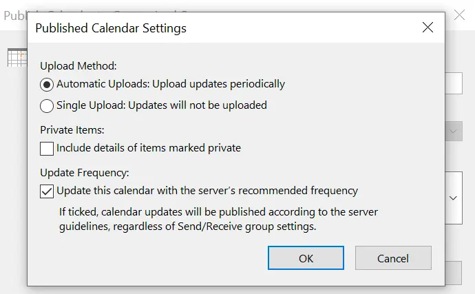 Image: Outlook dialog box: Published calendar settings