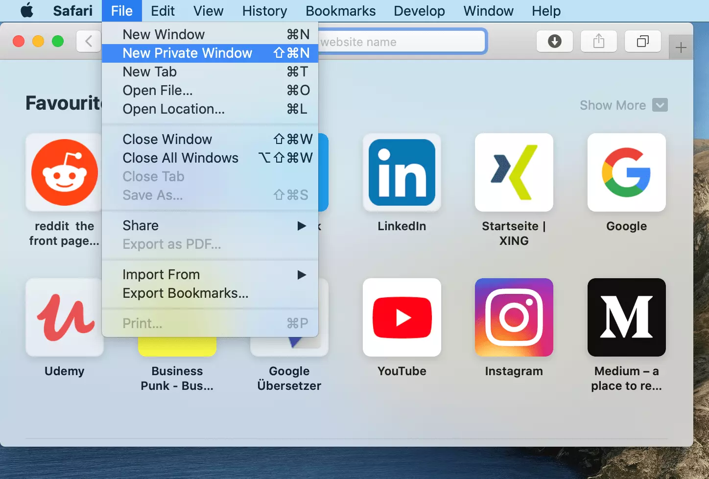 Starting private mode in Safari on a Mac using the “File menu”