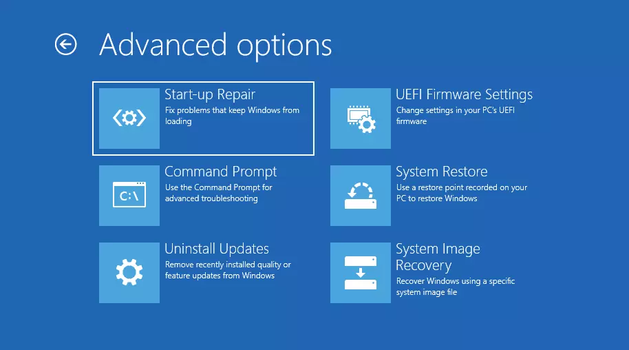 Screenshot of advanced options in the Windows 11 troubleshooting environment Screenshot of advanced options in the Windows 11 troubleshooting environment