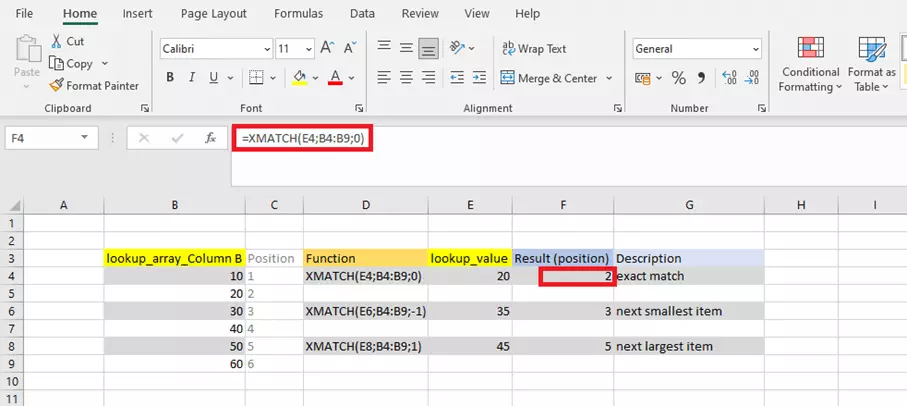 Image: XMATCH - example of use in an Excel spreadsheet