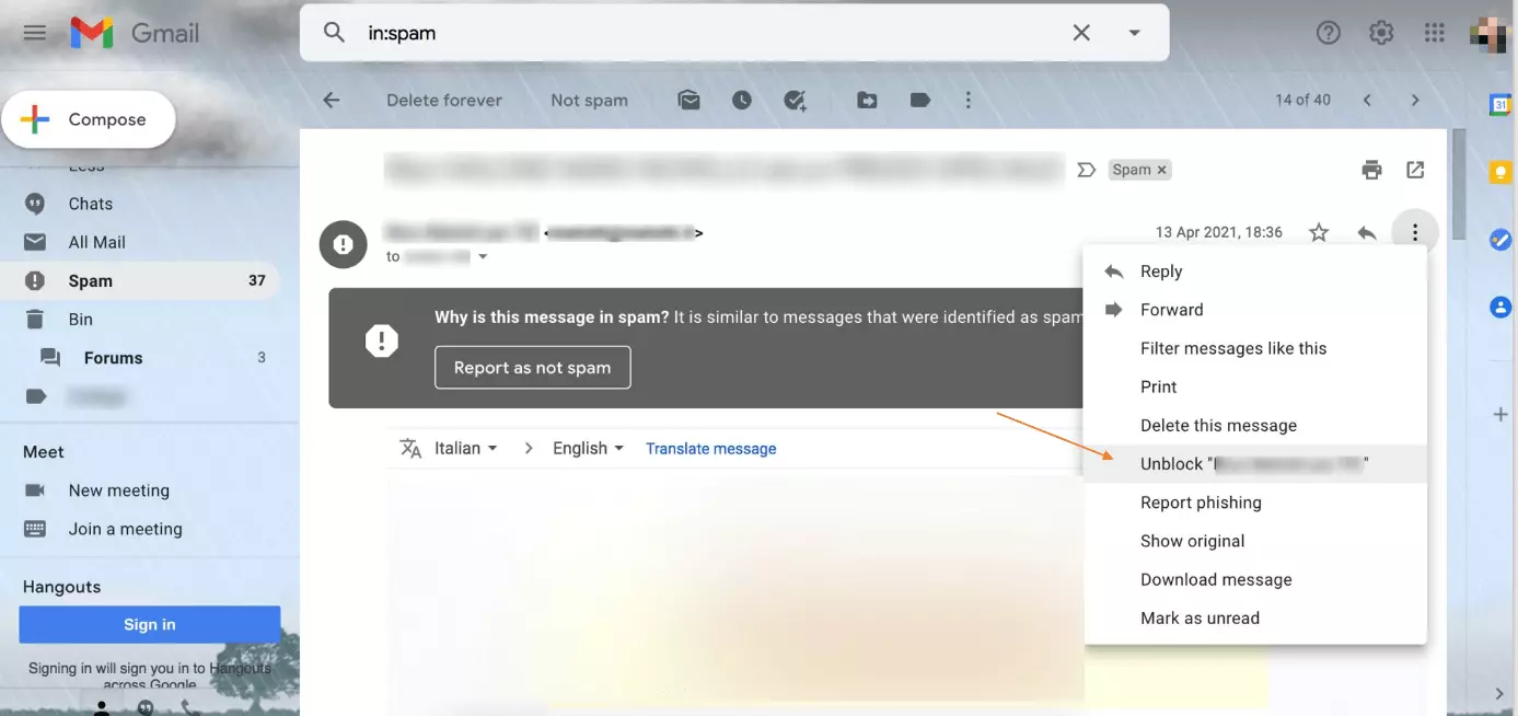 Image: Gmail: Unblock an email address