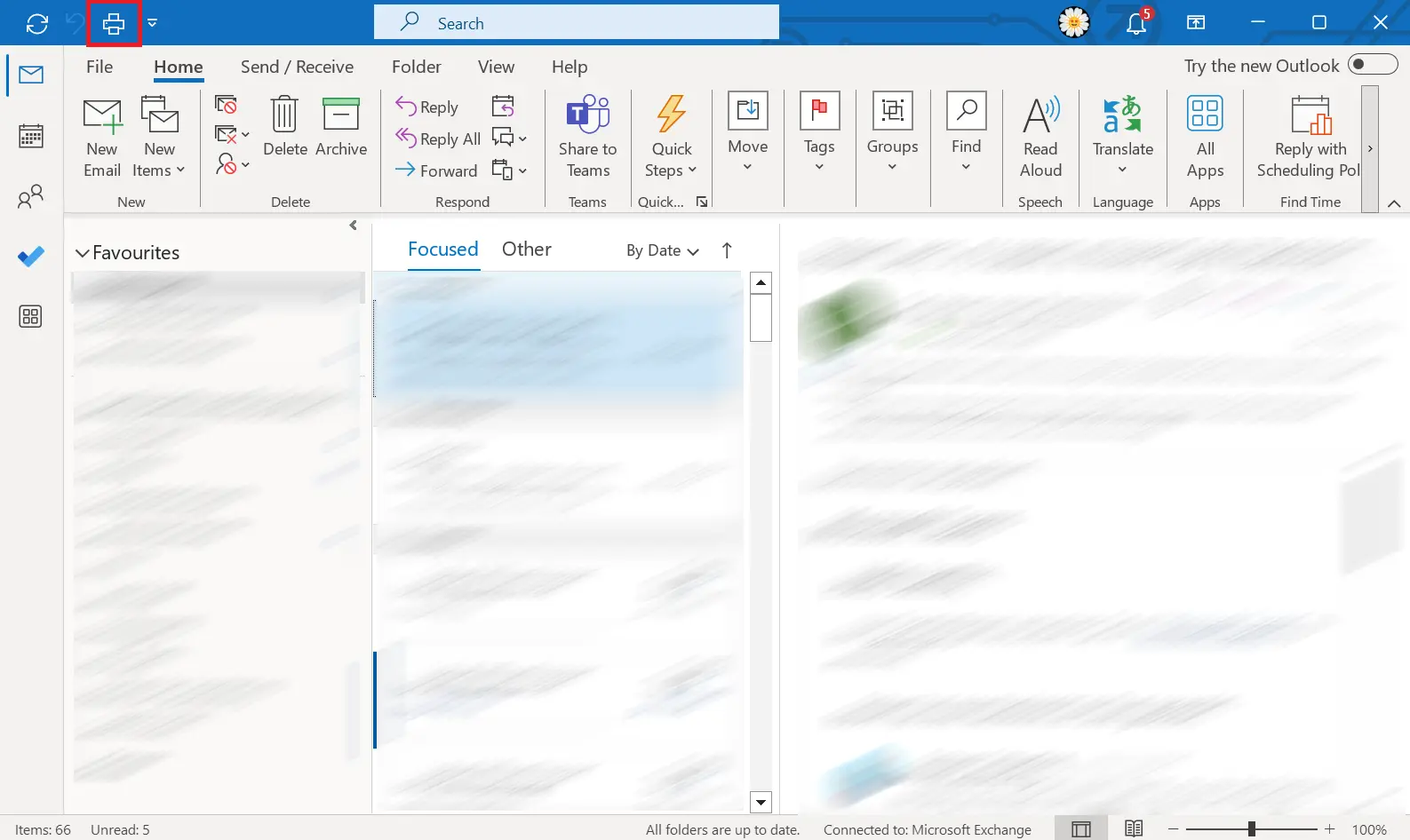 The Print icon in Outlook’s blue menu bar Image: The Print icon in Outlook’s blue menu bar