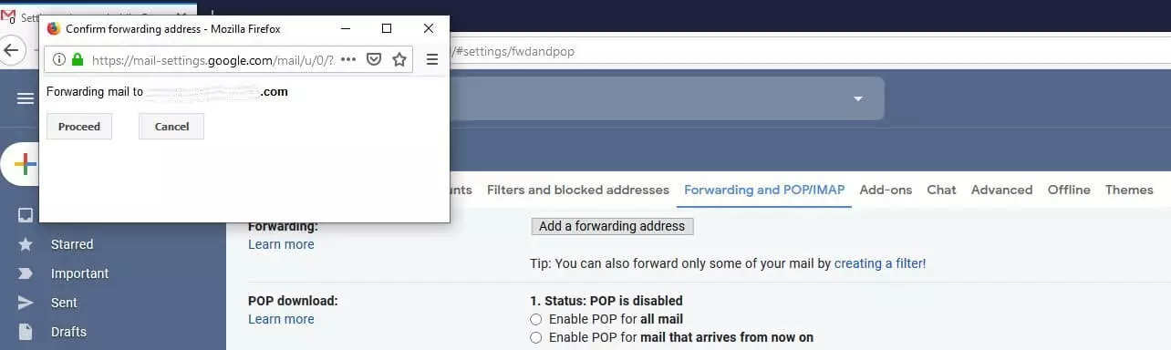 Image: Confirmation window for Gmail forwarding