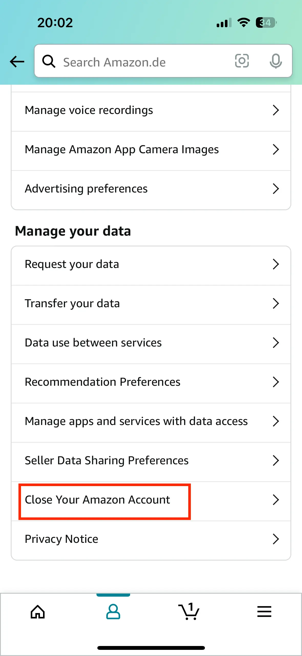 Image: To delete your account, go to “Manage your data” in the menu.