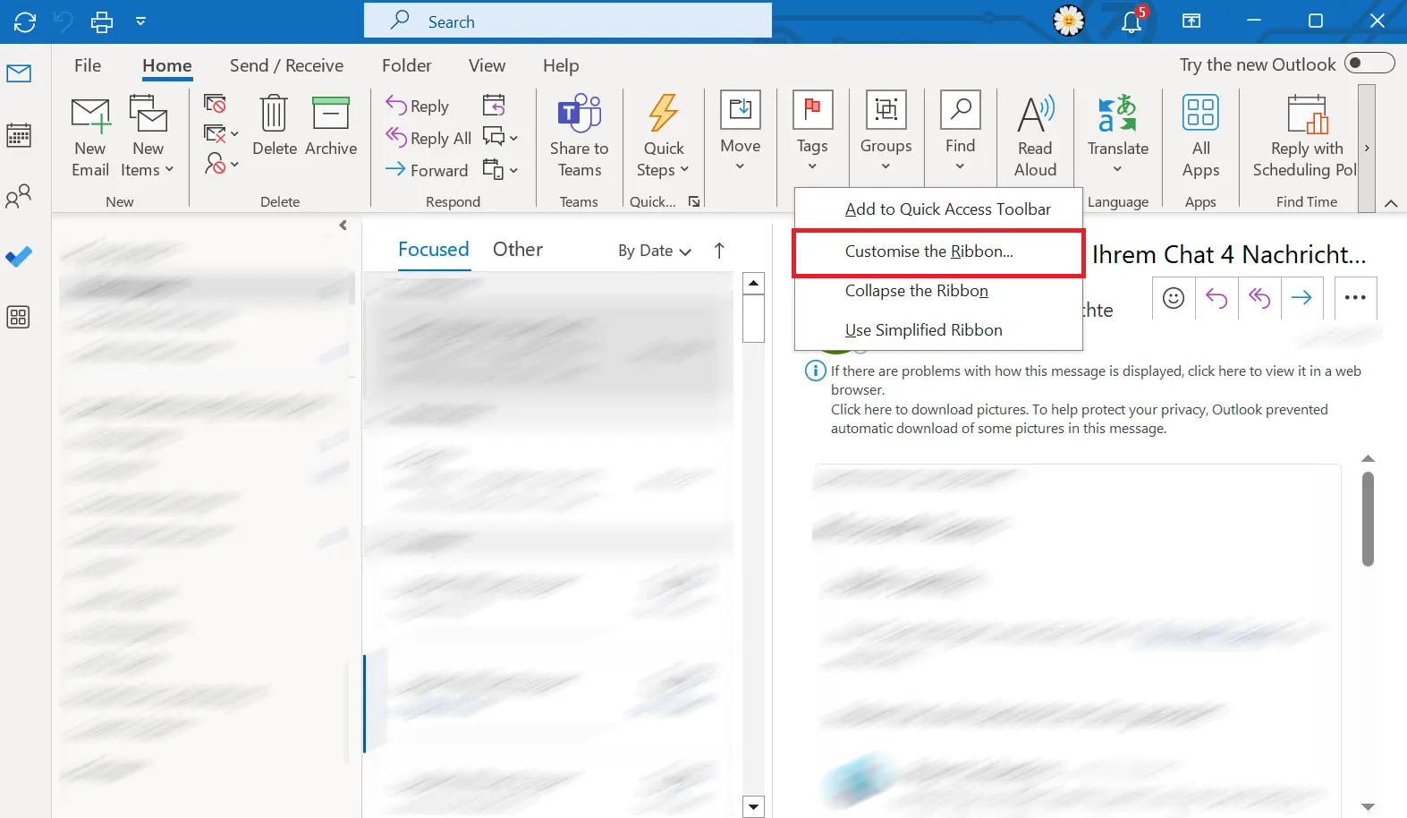Alt-Text: Outlook option to “Customize the Ribbon…” Image: Alt-Text: Outlook option to “Customize the Ribbon…”