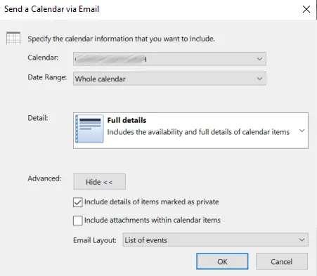 Image: Outlook: Advanced options in the “Send a Calendar via Email” dialog box