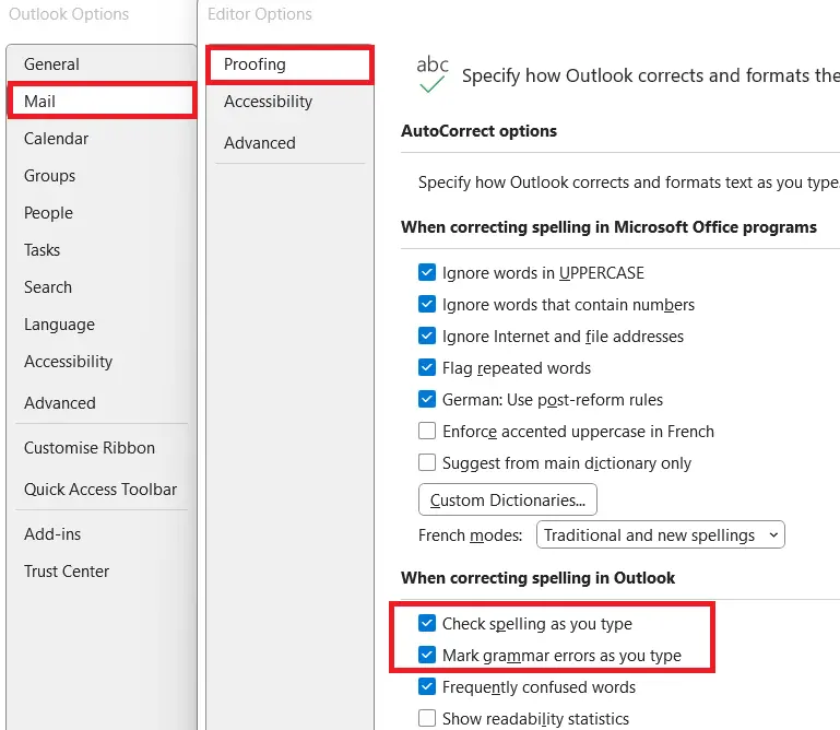 Outlook: Proofing menu Image: Outlook: Proofing menu