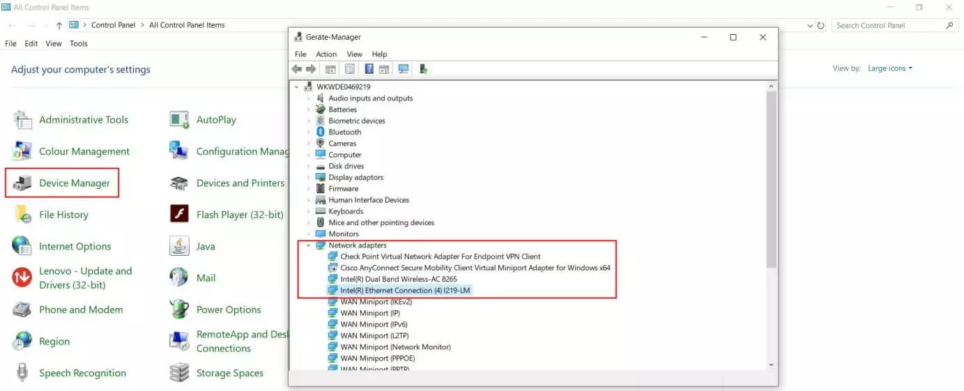 Image: Windows 10: Device Manager with the “Network Adapters” entry open.