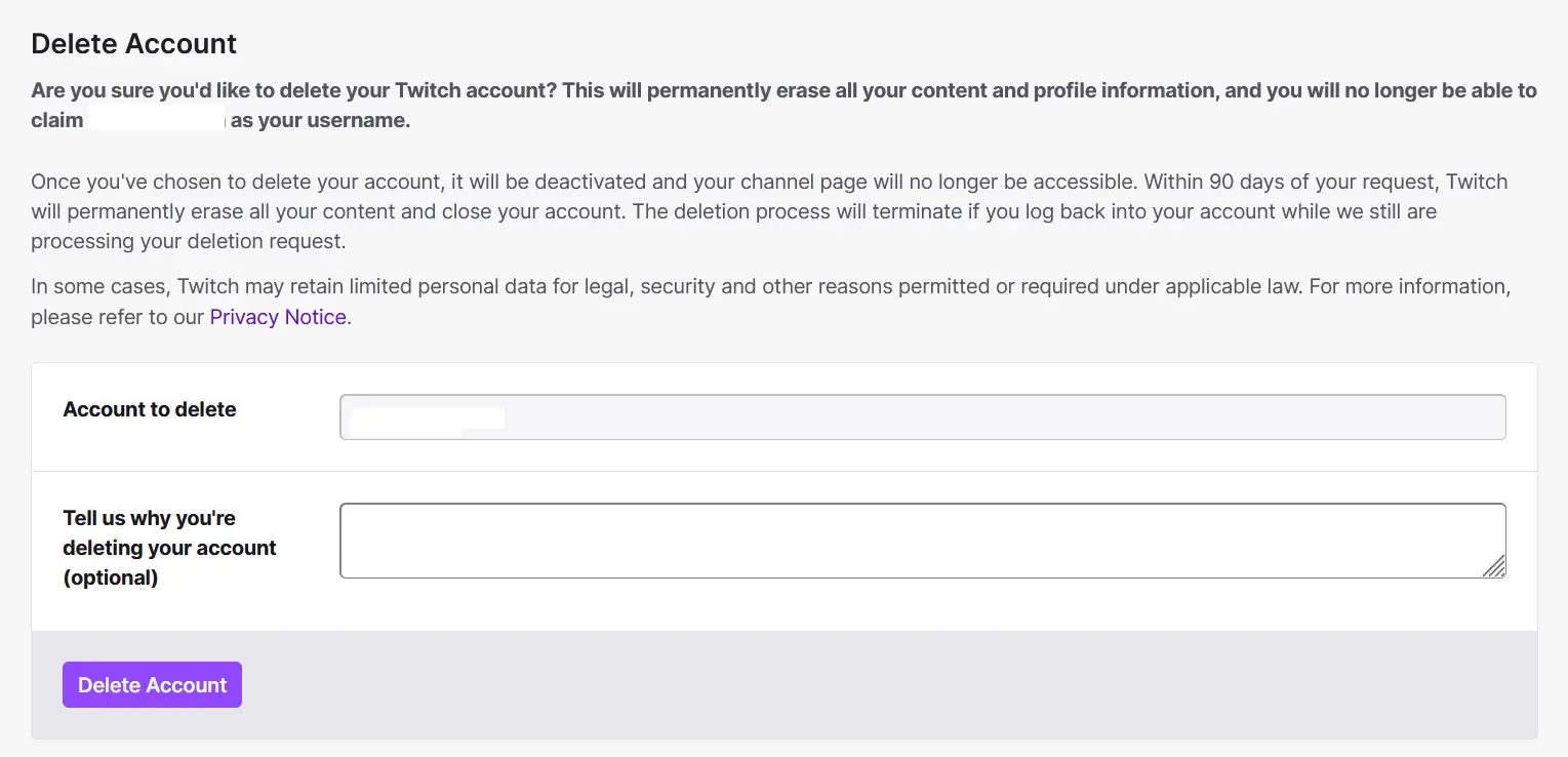 Image: Dialog box for deleting your account on Twitch