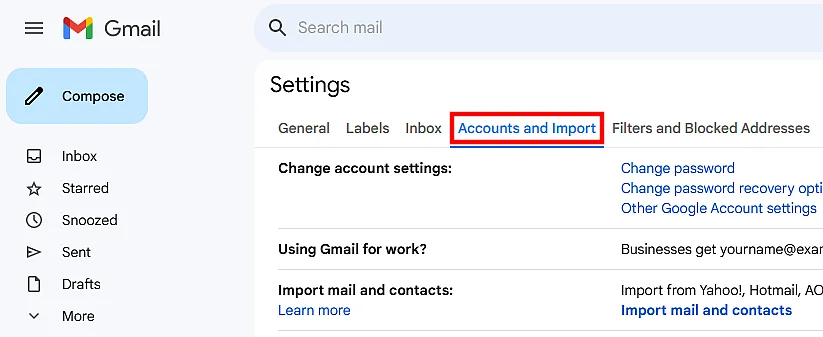 “Accounts and Import” section in the Gmail settings Image: “Accounts and Import” section in the Gmail settings