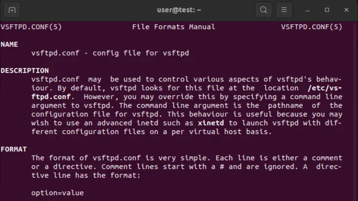 Image: Manual page of the vsftpd configuration file
