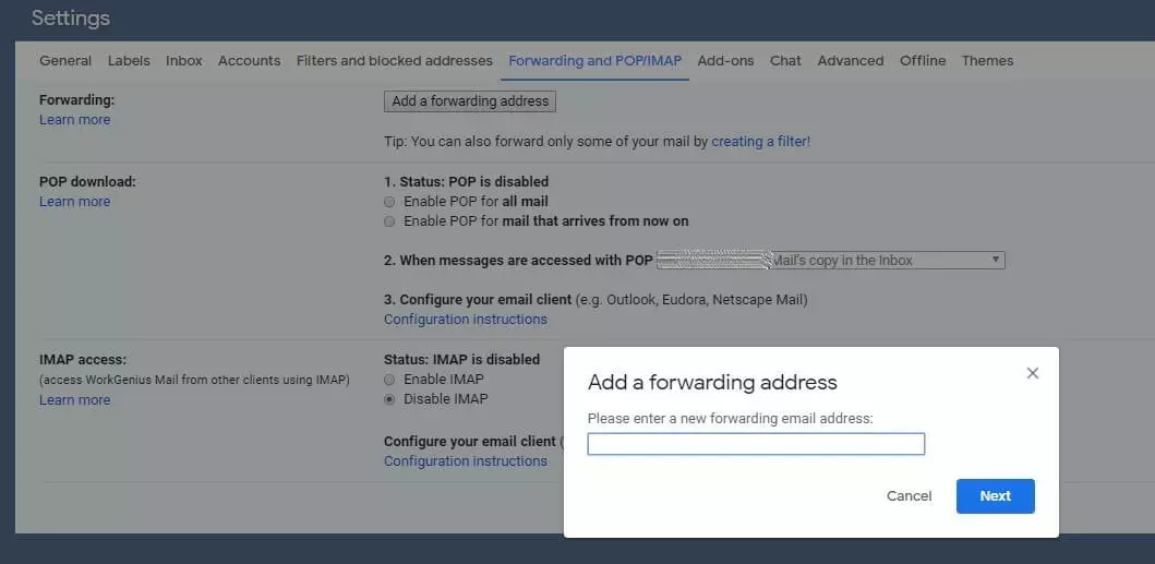 Image: Adding a forwarding address in Gmail