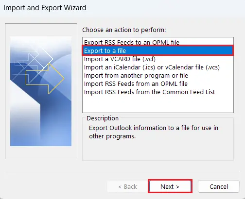 Image: Outlook Import and Export Wizard: Possible actions