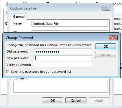 Image: Outlook data file: menu for password change
