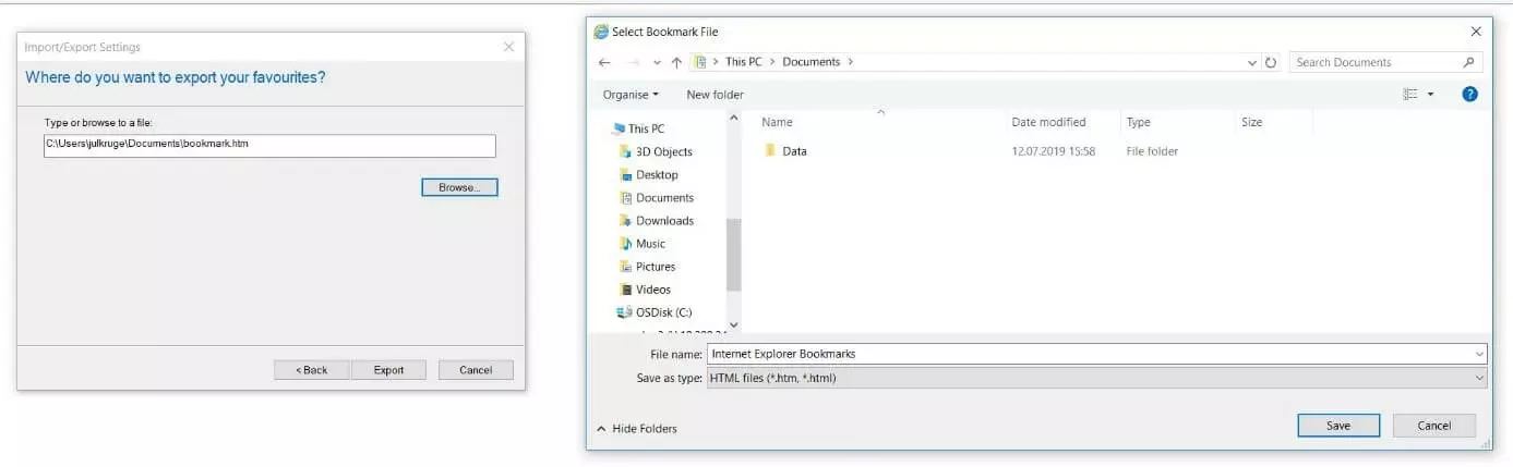 Image: Internet Explorer 11: Saving the bookmarks file