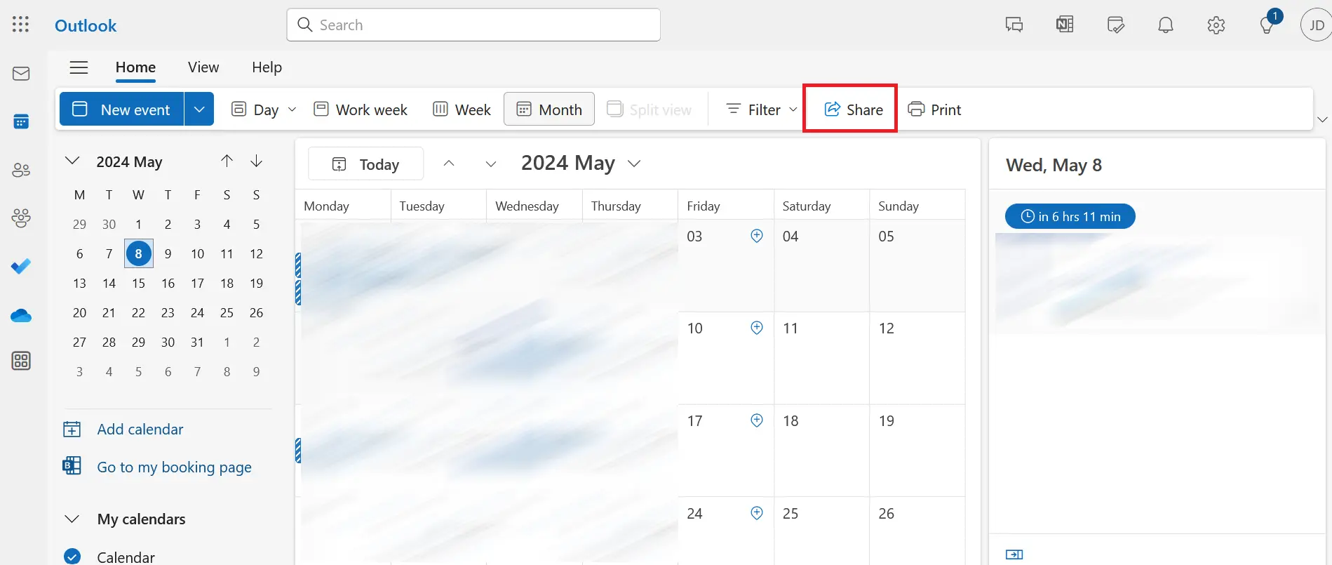 Image: Outlook on the Web: Toolbar in the calendar view