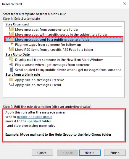 Outlook Rules Wizard: Selecting rule template Image: Outlook Rules Wizard: Selecting rule template