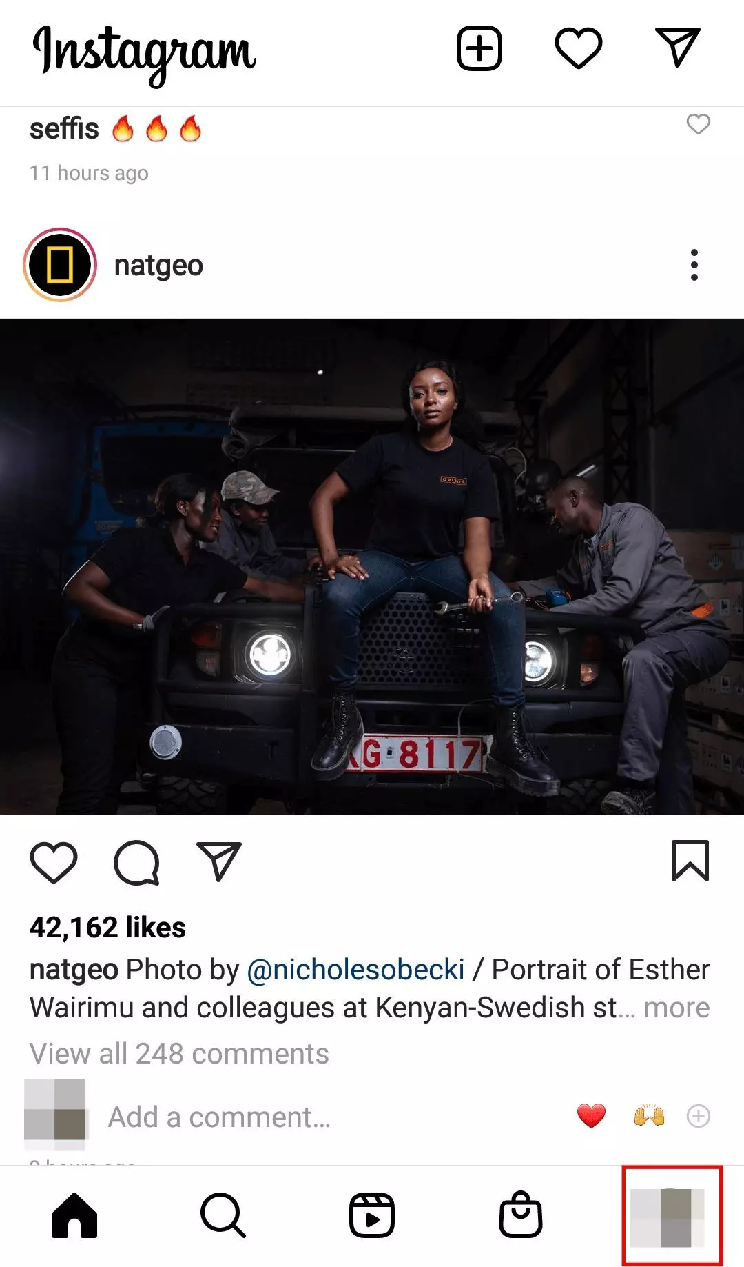 Instagram app with profile icon on the bottom right