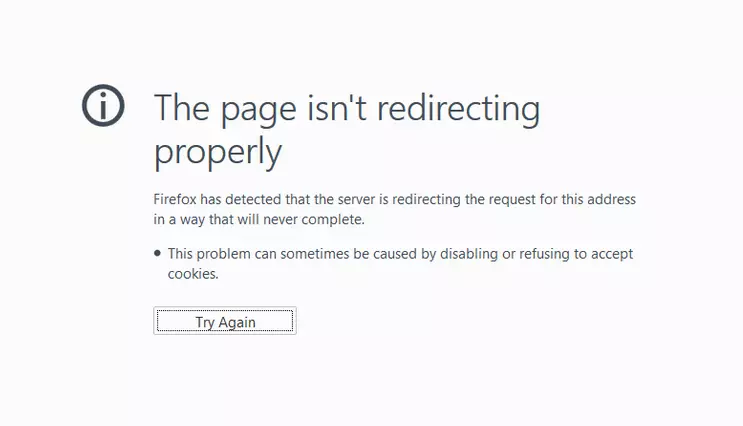 Image: Screenshot of error message ERR_TOO_MANY_REDIRECTS on Firefox
