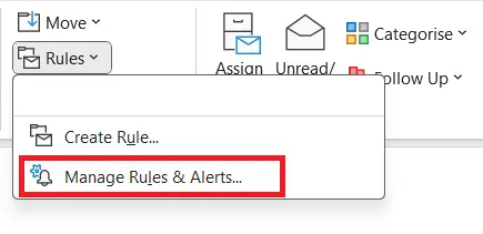 Outlook menu: Manage Rules & Alerts option Image: Outlook menu: Manage Rules & Alerts option