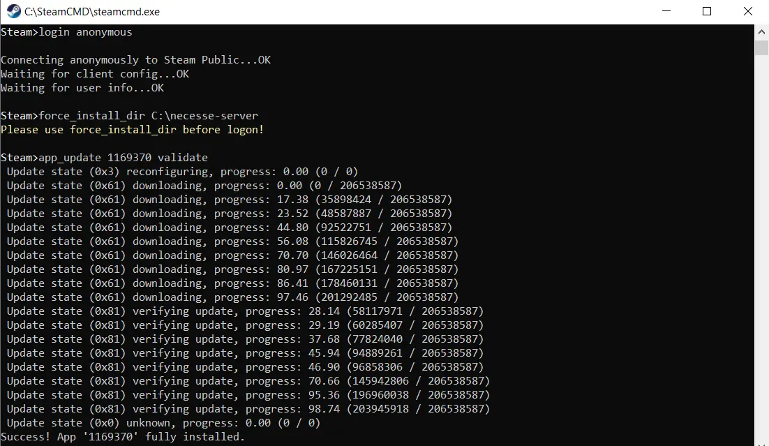 SteamCMD: Installation of the “Necesse Dedicated Server” app Image: SteamCMD: Installation of the “Necesse Dedicated Server” app