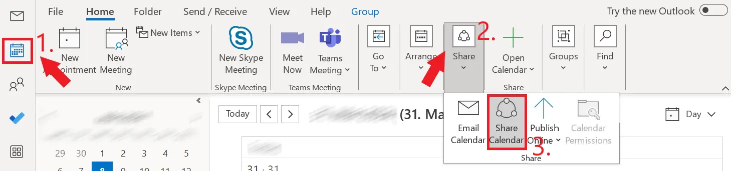 Image: Outlook: Calendar view toolbar in the “Home” tab