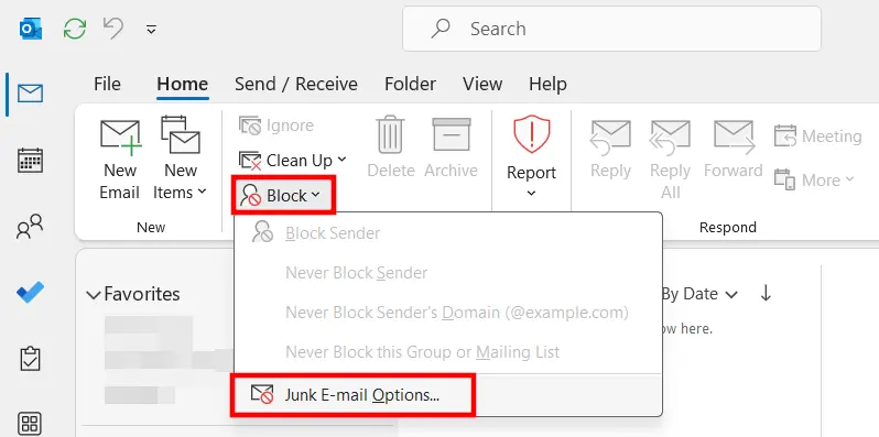 Junk email options in the classic Outlook ribbon Image: Junk email options in the classic Outlook ribbon