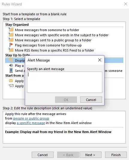 Outlook Rules Wizard: Notification text dialog box Image: Outlook Rules Wizard: Notification text dialog box