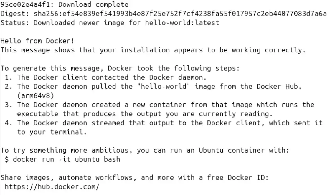 Screenshot of Docker’s “Hello World” container Image: Screenshot of Docker’s “Hello World” container