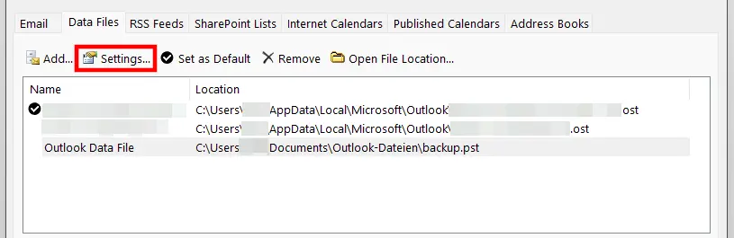 List of Outlook Data Files Image: List of Outlook Data Files