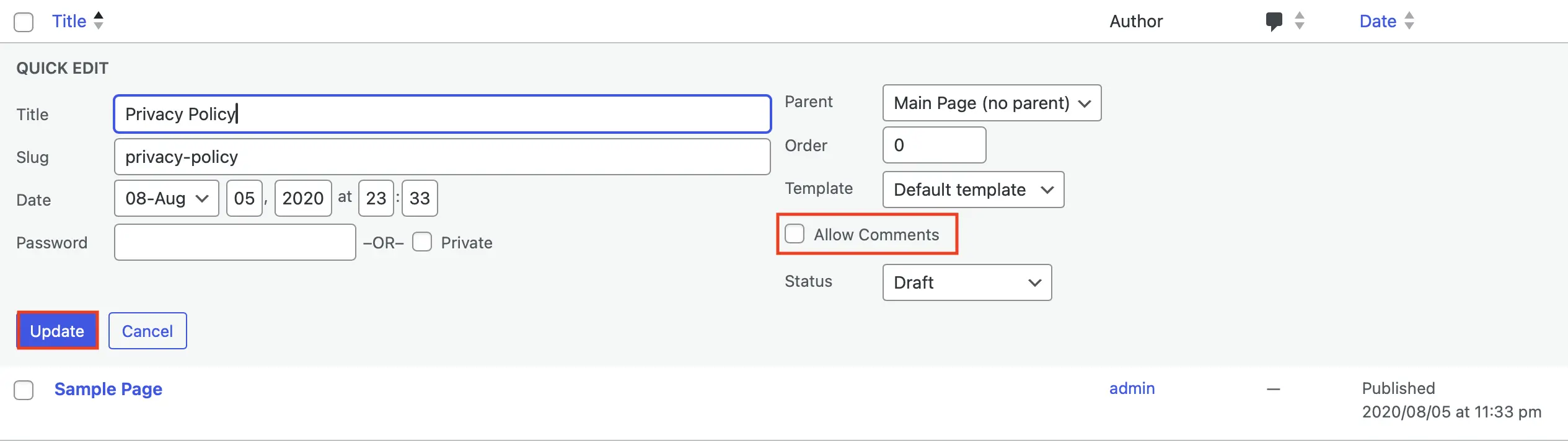 “Quick Edit” settings for a page, with “Allow Comments” option checked Image: “Quick Edit” settings for a page, with “Allow Comments” option checked