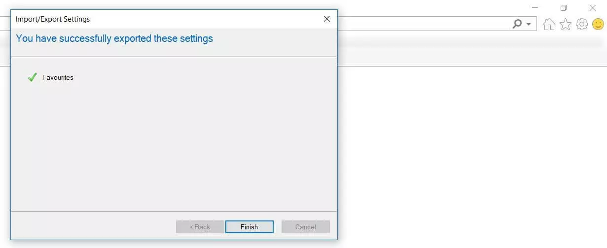 Image: Internet Explorer: Success message for Bookmarks export